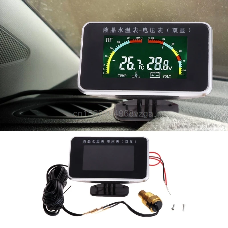

12V/24V Car LCD Water Temperature Meter Thermometer Voltmeter Gauge 2in1 Temp & Voltage Meter 17mm Sensor
