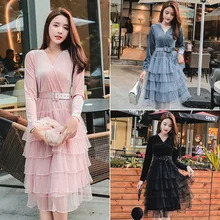 Spring and Autumn Fashion New Gold Velvet Long Sleeve Dress Mesh Cake Dress Spring and Autumn Fashion New Gold Velvet Long Sleeve Dress Mesh Cake Dress