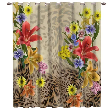 

Flowers and Leopard Print Window Curtains Dark Curtain Lights Living Room Indoor Decor Curtain Panels With Grommets Outdoor