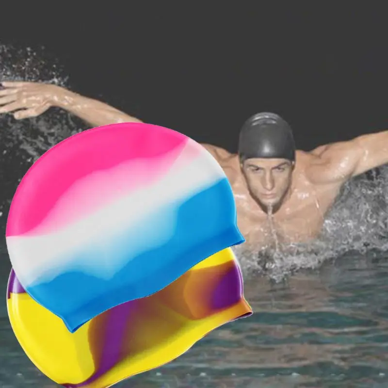 Шапочка для плавания для взрослых, цветная Водонепроницаемая Защитная крышка для ушей, мягкие силиконовые легкие унисекс аксессуары для плавания