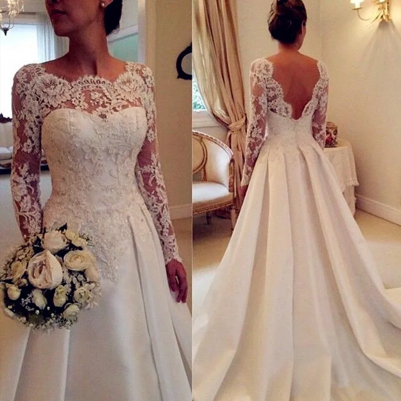 Vestidos de Casamento Aplique de Noiva Clássicos A-linha Sensual Costas Nuas Gola Manga Comprida 2 nuas, gola, manga comprida, aplique, de noiva