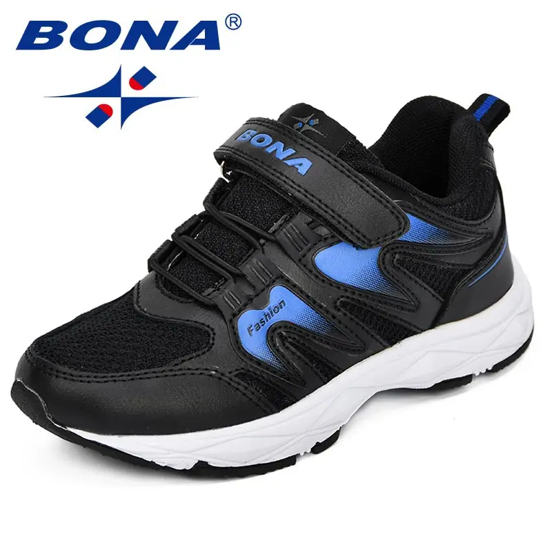 BONA/Новинка; Классические Стильные Детские кроссовки; Повседневная обувь из синтетического сетчатого материала для мальчиков; эластичная обувь с удобной подошвой; обувь для отдыха для девочек - Цвет: BLACK BLUE