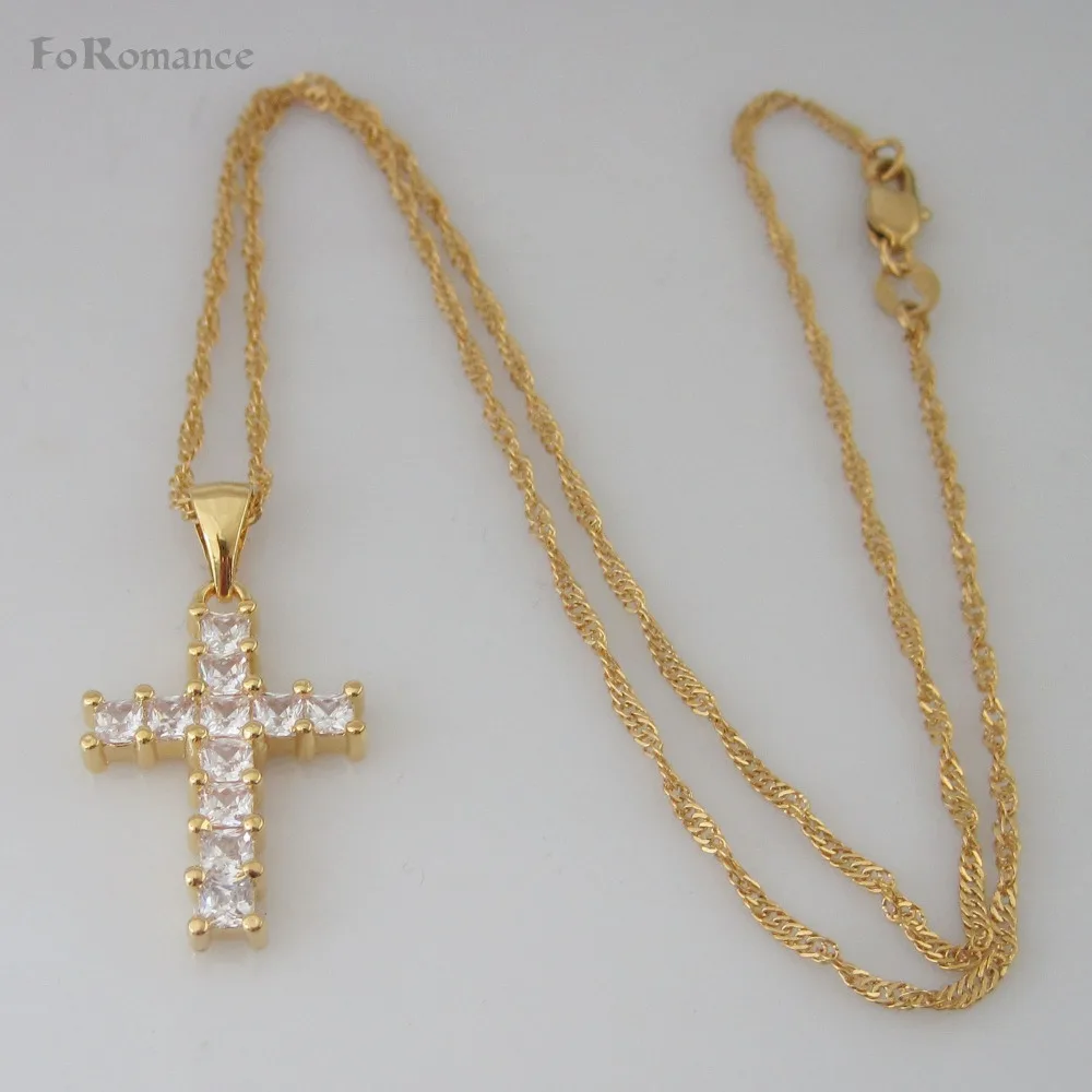 YELLOW GOLD COLOR 45CM WATER WAVE NECKLACE HIGH SHINNING CZ STONES JESUS CROSS GOD PENDANT GREAT GIFT