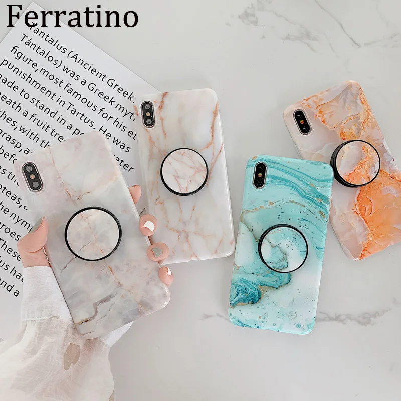 Luxury Milky Marble Grip Holder Silicone Case For iPhone XS XR X Max Soft Cover 8 Plus 7 6 6s Phone Coque | Мобильные телефоны и