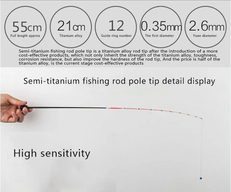 Liga de Titânio Pólo de Pesca Equipamento de Pesca Unidades Pacote Meia Completa Luminosa Jangada Vara Ponta Haste Reparação Reequipamento Substituição 2 - 55cm 7 pólo de pesca reparação reparação reequipamento substituição equipamento de pesca