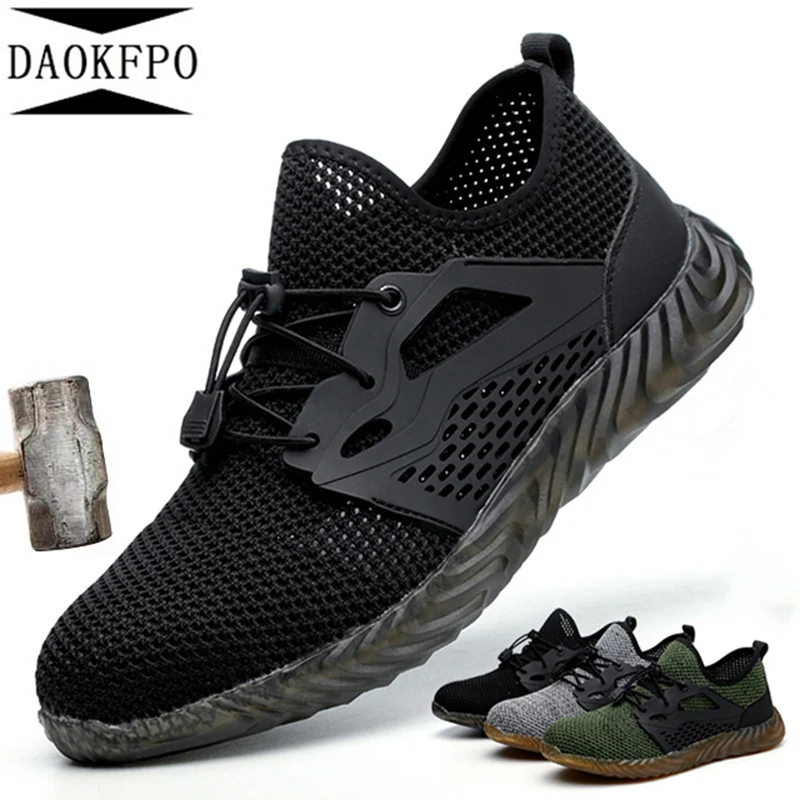 

DAOKFPO New Breathable Mesh Safety Shoes Men Light Sneaker Indestructible Steel Toe Soft Anti-piercing Work Boots