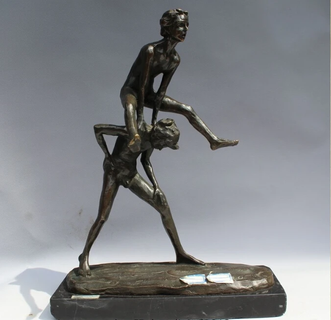 

14" Western Art sculpture Bronze Marble Two Boy high jump exercise sculpture