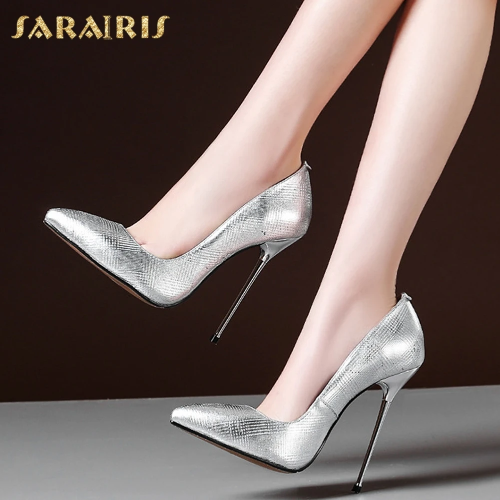 

SARAIRIS Women's Genuine Leather Thin High Heel Shoes Woman Party Wedding Pointed Toe Less Pumps Large Sizes 31-45