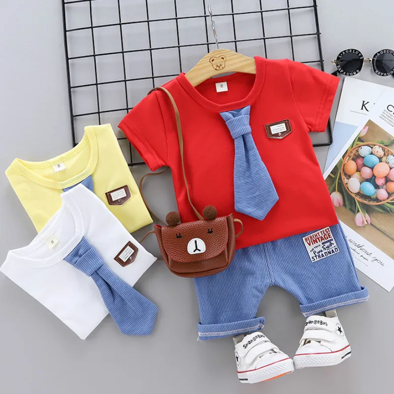 

Boys' Clothing Sets 2019 Summer New Kids Clothing Short Sleeve Toddler Baby Tie Stripe Two-Piece Sets