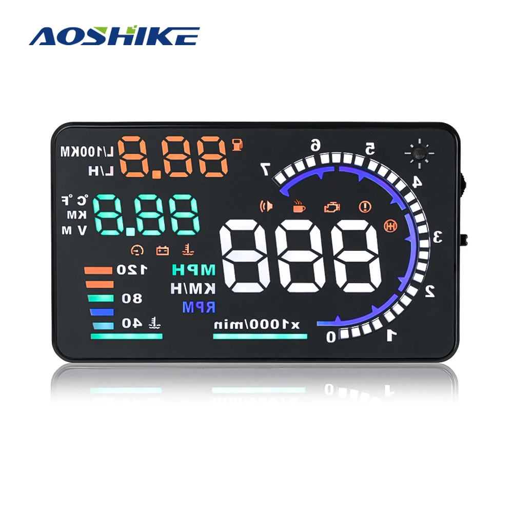 AOSHIKE A8 5," HUD Автомобильный светодиодный проектор на лобовое стекло OBD2 сканер Предупреждение расход топлива данные диагностики