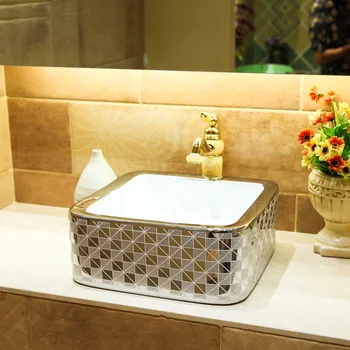 

Countertop Washbasins Ceramic European Washbasin Bathroom Vanities Square Silver /gold Art Basin Modern Bathroom Sink mosaic