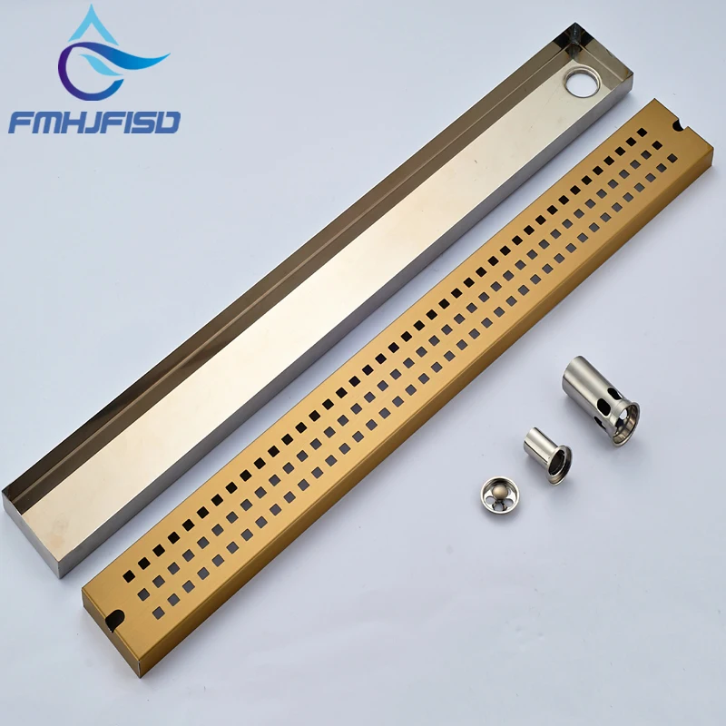 

Wholesale And Retail Floor Mounted Drain Bathroom Floor Drain 900mm Length Stainless Steel Grate Waste Drainer Golden Finish