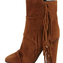 Новинка кожаные полусапожки со складками замши. полу сапоги на высоком каблуке с кисточкой женские зимние ботинки на твердом каблуке размеры от 34 до 42