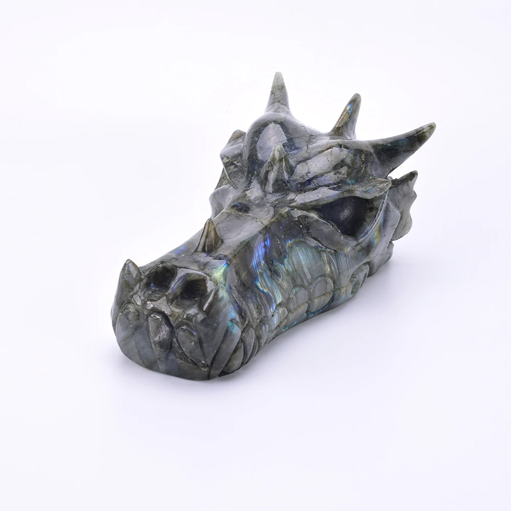 

8''Natural Labradorite Carved Crystal Dragon Head Skull Figurine Reiki Healing Crystal Skull Sculpture Home Decor Art Collection