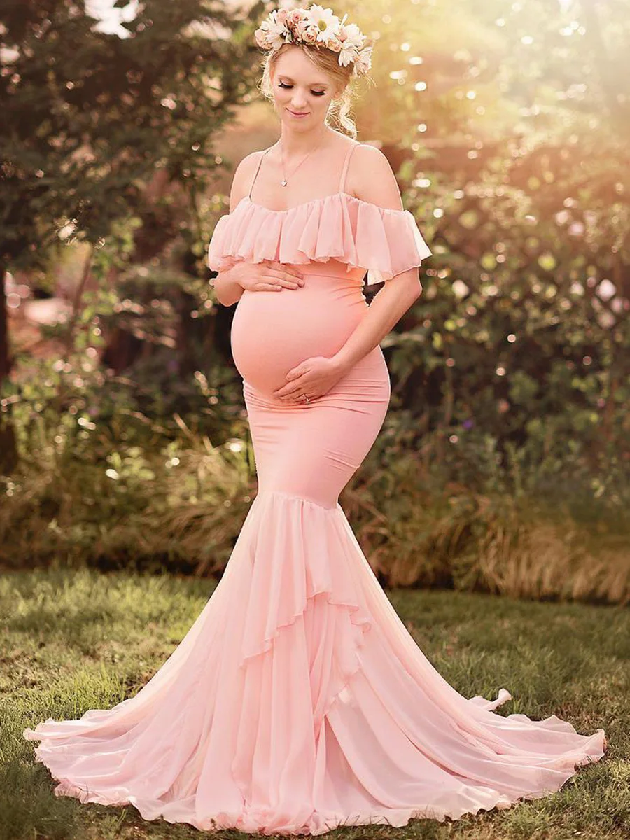 

Fashion Pregnant Women's Party Dress Off-Shoulder Pack Hip Maternity Photography Dresses Stretch Mermaid Dress for Photo Shoot