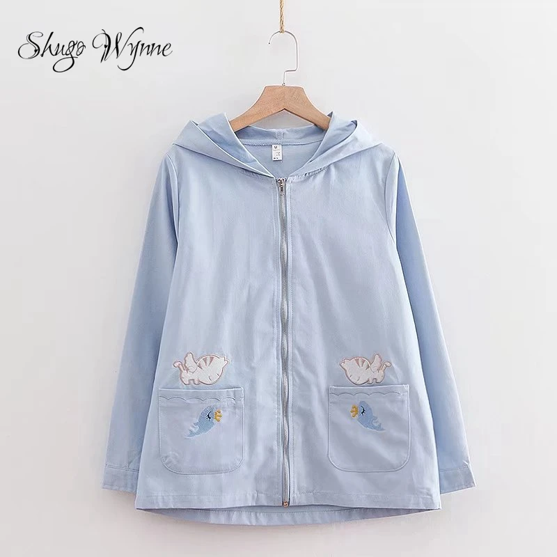 

Shugo Wynne Mori Girl Coat 2019 Spring Autumn New Women Preppy Style Hooded Long Sleeve Cute Cat Embroidery Casual Jacket