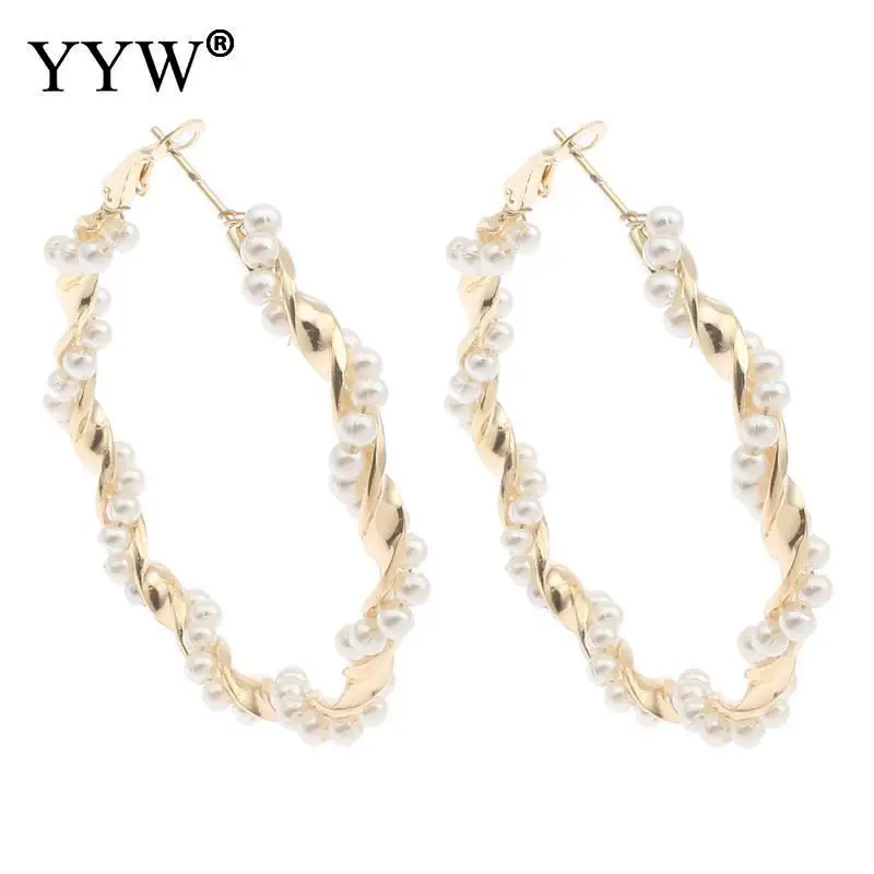 

YYW 2019 New Design Punk Fashion Created Simulate White Pearl Beaded Fashion Twist Circle Loop Big Hoop Earrings For Women