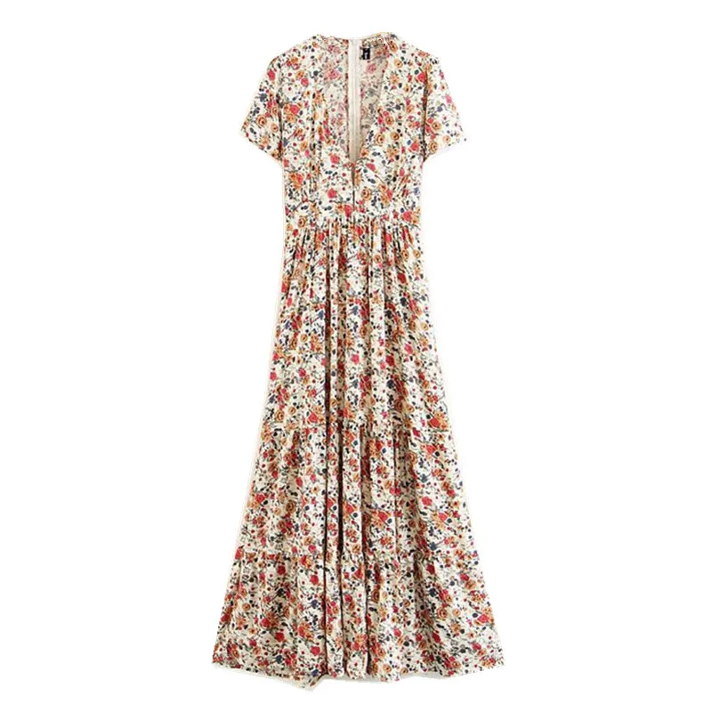 

Bohemian Open Buttons Deep V neck Floral Print Maxi Long Dress Retro 2018 Ethnic Woman Short Sleeve Ankle-Length Dresses