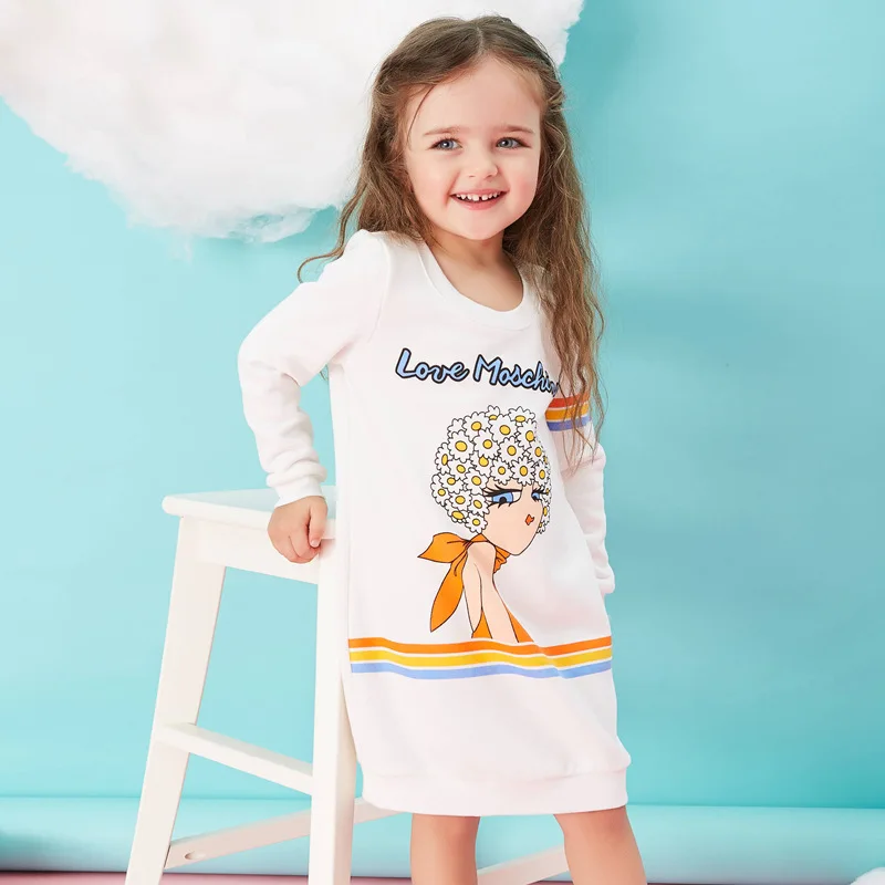 New 2016 Children s dresses Girls Beauty printing Long sleeved round neck dress kid clothing