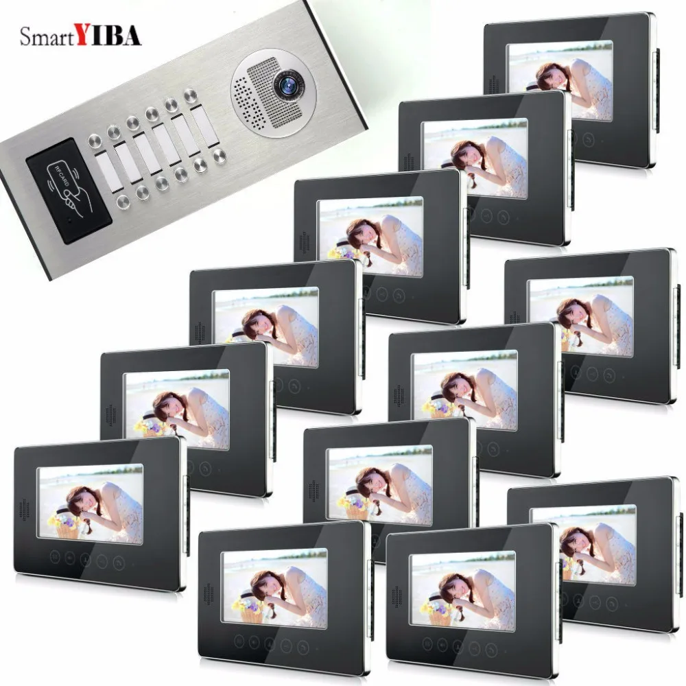 

SmartYIBA 7" Apartment Video Intercom Doorbell Video Door Phone System IR Camera Build-in RFID Reader For 12/10/8/6/4 Families