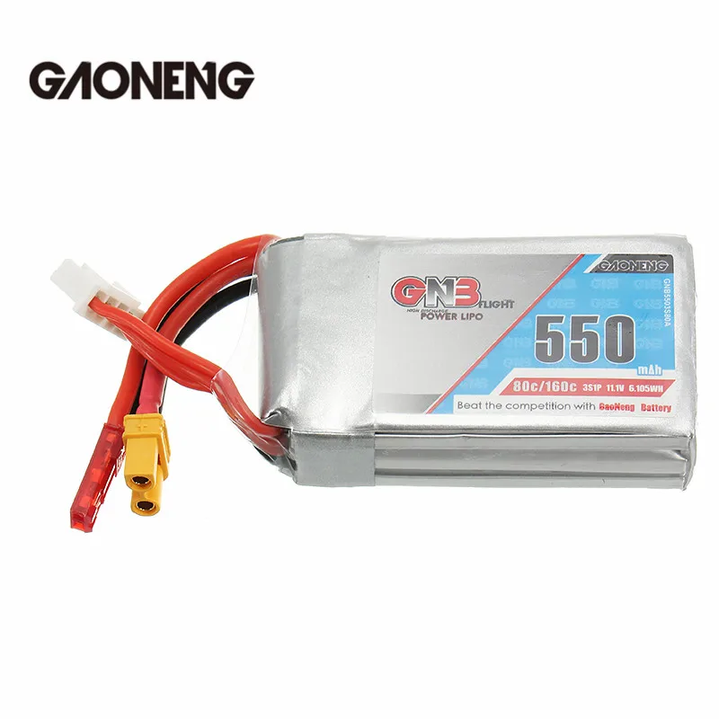 

Rechargeable Lipo Battery Gaoneng GNB 11.1V 550mAh 80/160C 3S Lipo Battery JST/XT30 Plug