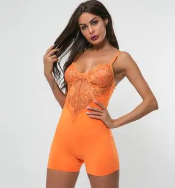 orange Bkld летние сексуальные женские спагетти ремень v-образный вырез кружева пэчворк оранжевый боди повседневные облегающие Женские s комбинезоны шорты комбинезон - Цвет: orange