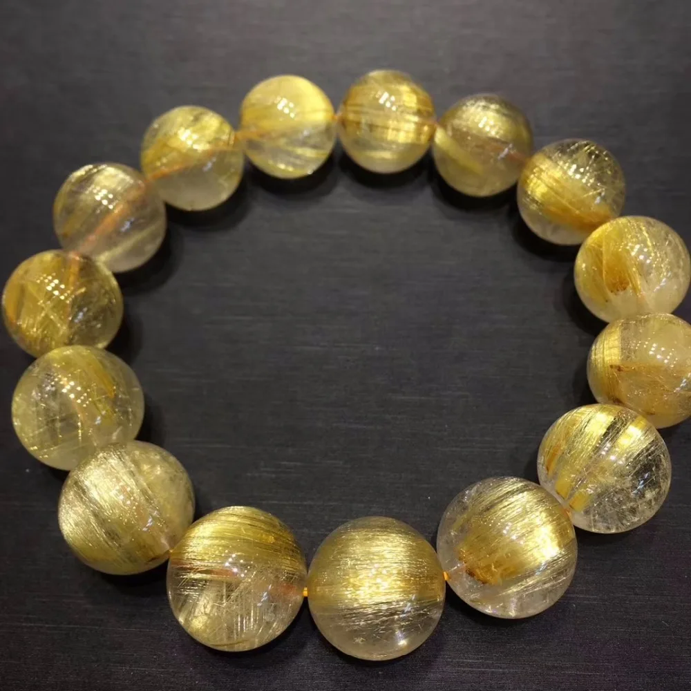

Genuine Natural Gold Rutilated Titanium Quartz Round Beads Bracelet Brazil 15mm Women Man Stretch Crystal Certificate AAAAAA