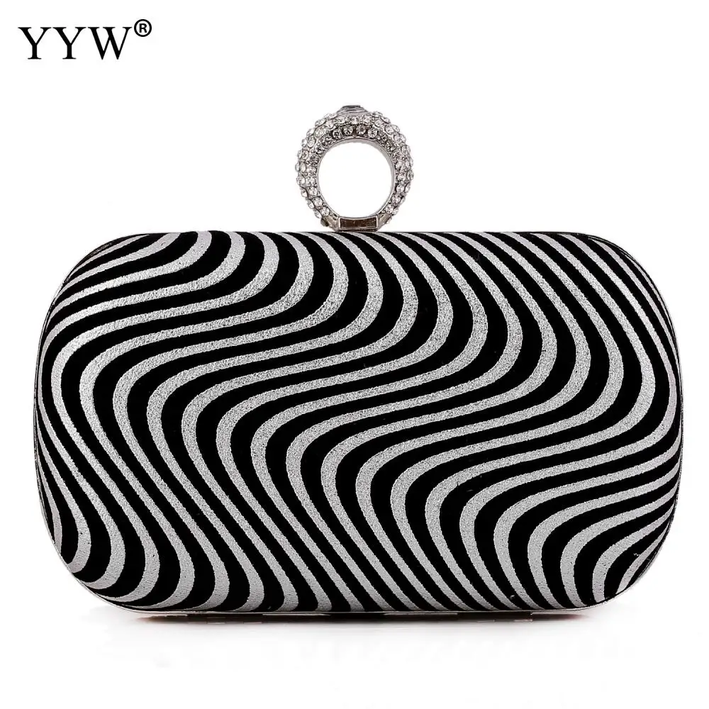 

Black Zebra Evening Clutch Bag Finger Ring Women Bags Rhinestone Wedding Striped Handbags Bridal Metal Mini Clutches Bag Chain