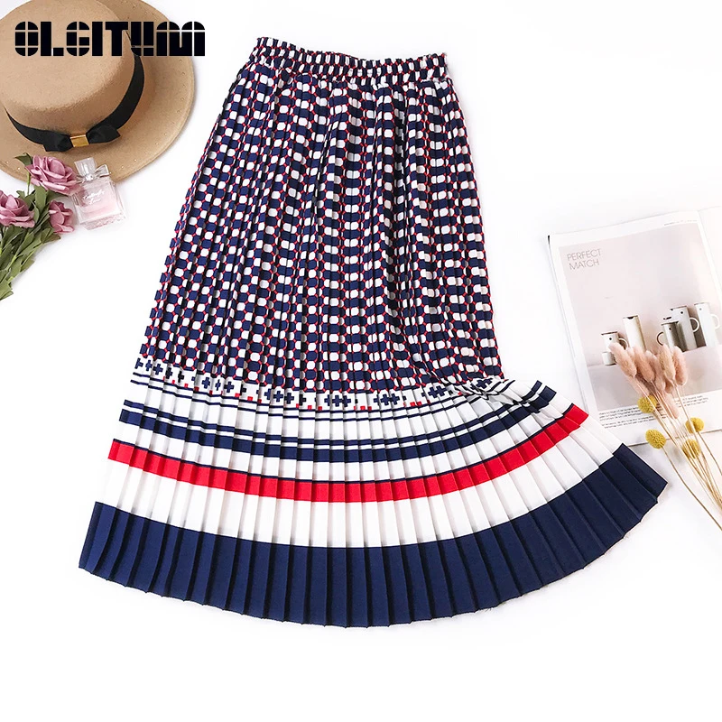 

New 2019 Spring Fashion Retro Print Skirt Female Accordion Pleated Floral High Waist Long Skirt All-matched Female Falda Mujer