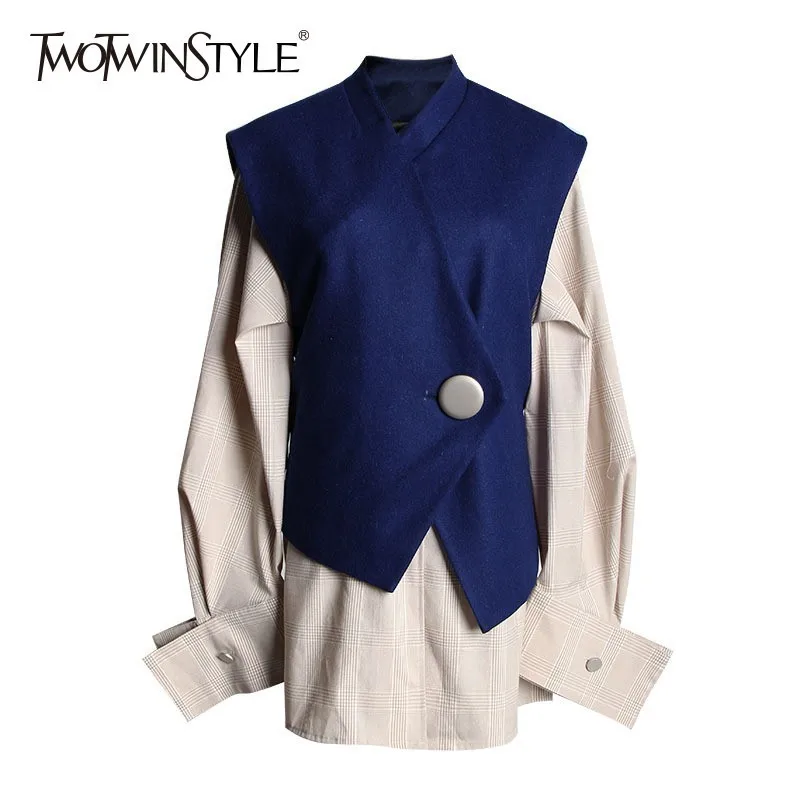 

TWOTWINSTYLE Women's Suit Shirt Oversized Long Sleeve Plaid Long Shirts Blouse Blue Asymmetry Vest Two Piece Set 2019 Autumn New