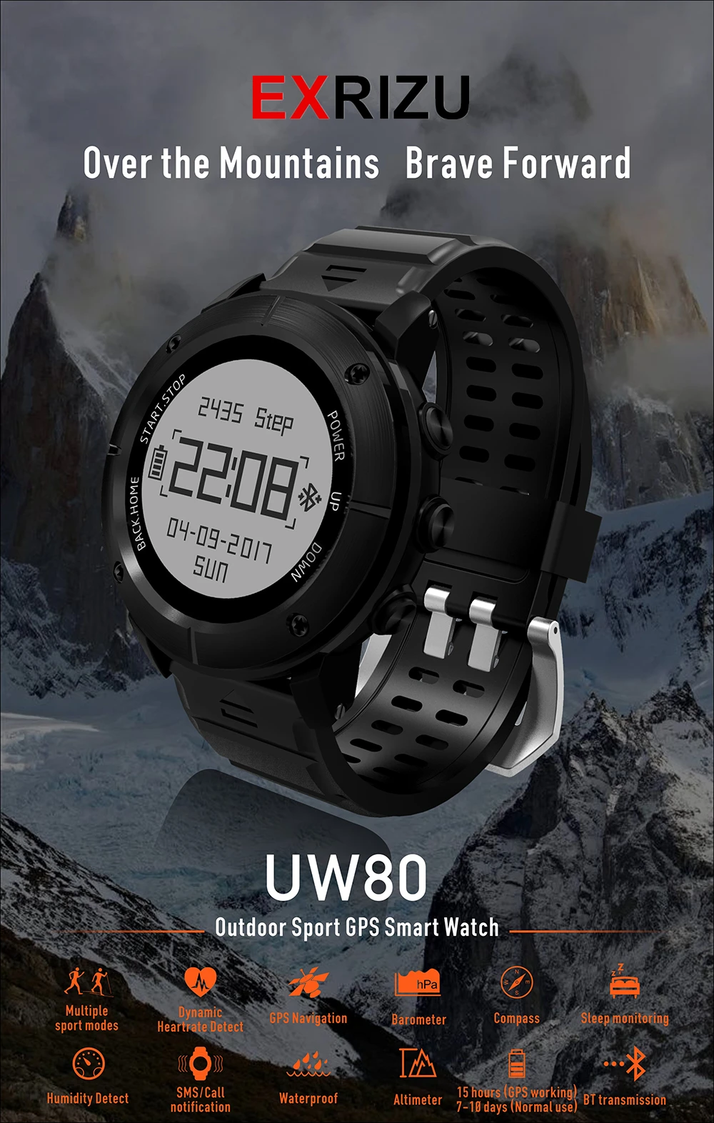 EXRIZU UW80 уличные спортивные gps навигационные Смарт-часы пульсометр Bluetooth Smartwatch фитнес-трекер компас альтиметр