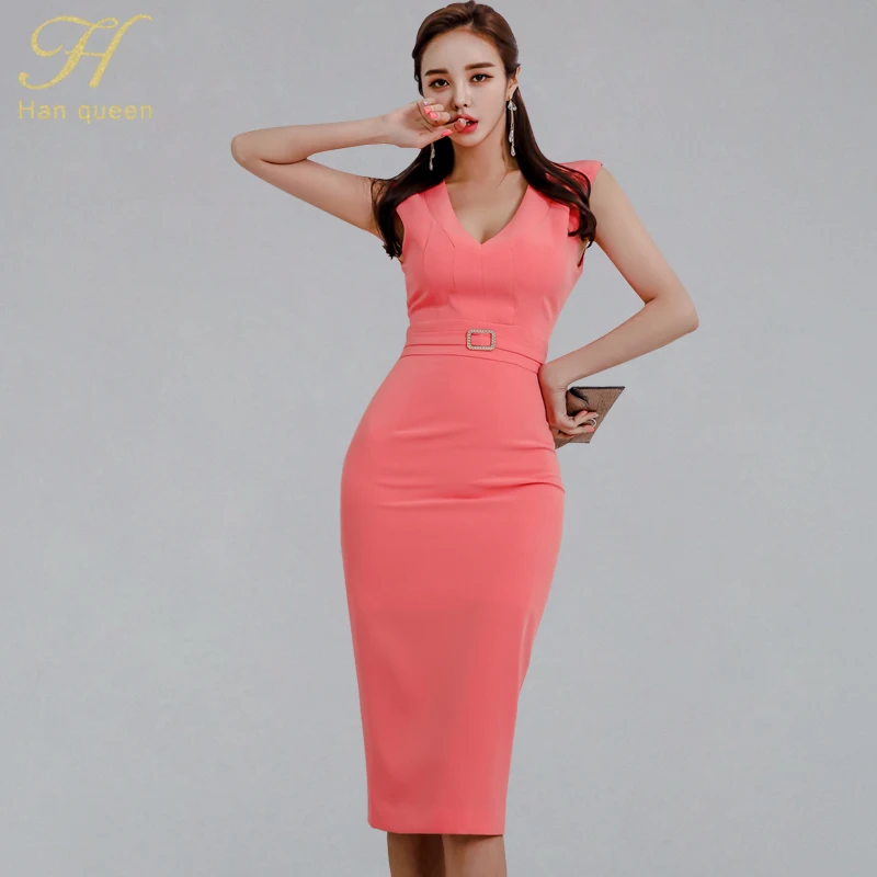 

H Han Queen Solid Color Elegant OL Work Wear Pencil Dress Women 2019 Summer Tank Dresses Sexy V-neck Tunic Slim Bodycon Vestidos