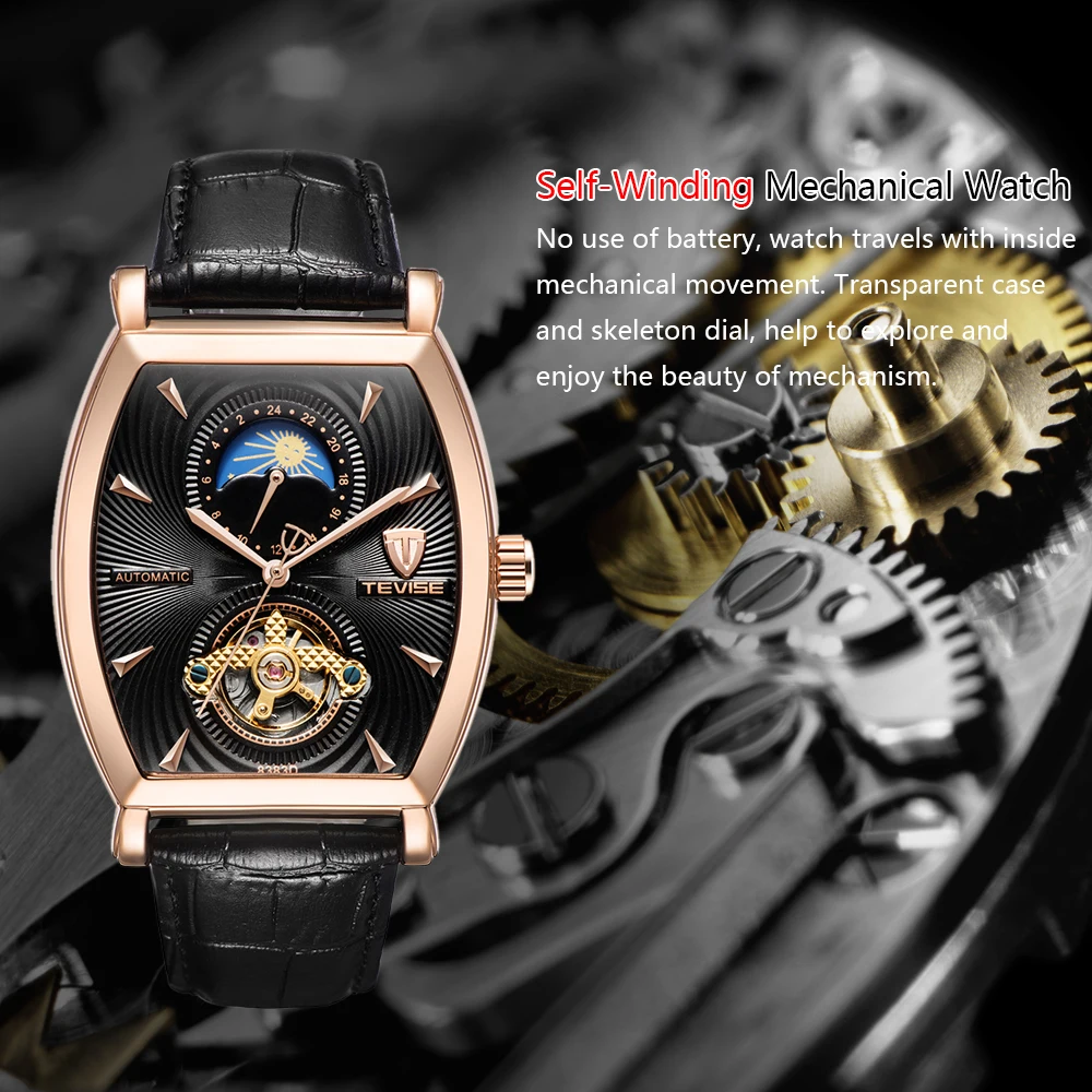 TEVISE Mens Watches Tonneau Moon Phase Automatic Watch Waterproof Self-Wind Mechanical Wristwatches Leather Strap + Box 8383D (5)