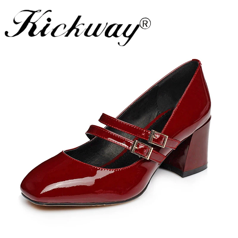 

Women ankle strap pumps thick heel women party shoes strange heel real patent leather buckle strap dress shoes women size 34-39
