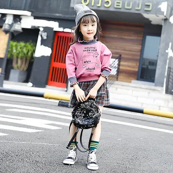 

2PCS WLG girls spring autumn clothing set kids casual letter pink hoodie and plaid skirt set children clothes