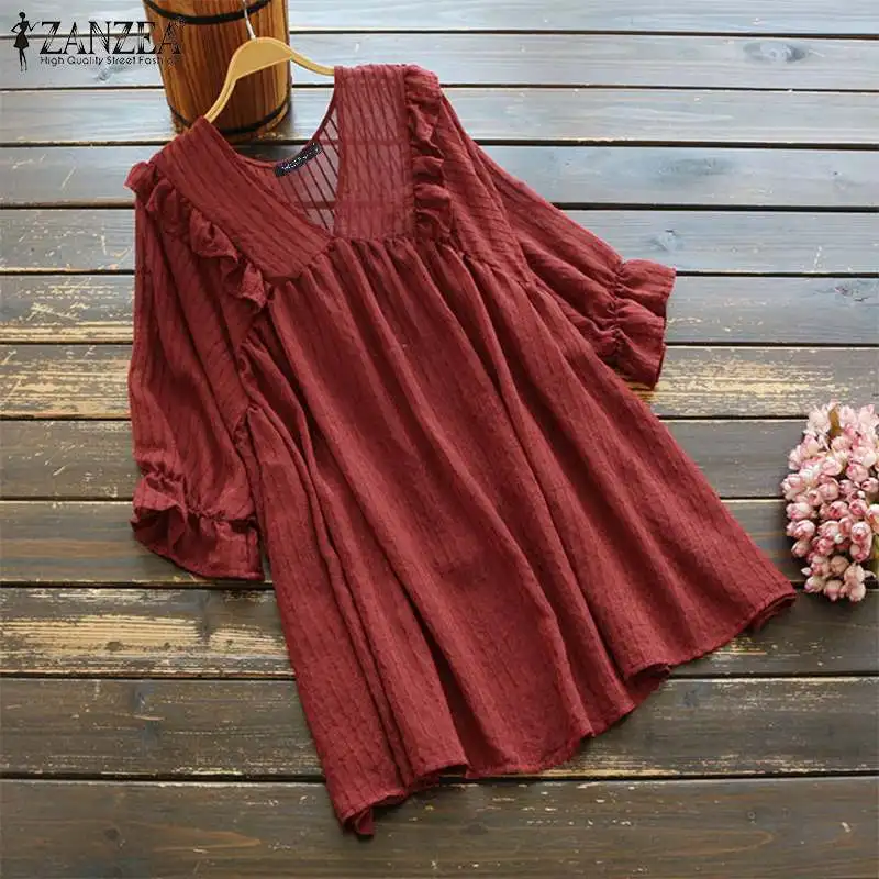 

2019 ZANZEA Elegant Ruffled Party Blouse Women Casual Solid 3/4 Sleeve Tunic Tops Summer Loose Long Shirts Female Blusas Chemise