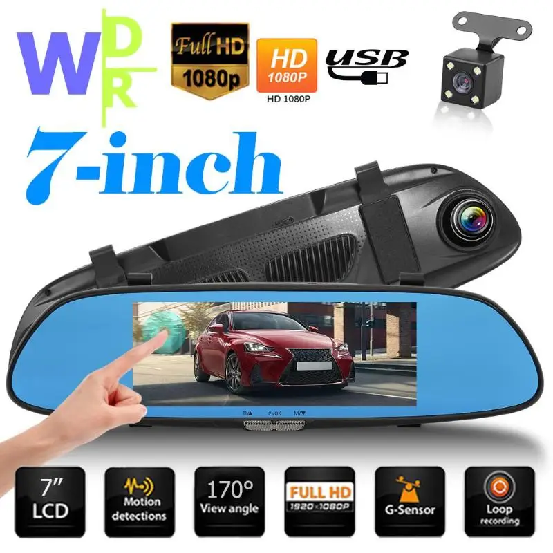 

VODOOL 7Inch HD 1080P Rearview Mirror Car DVR Dash Camera Dual Lens Touch Screen Night Vision Video Recorder Camera with 4 LED