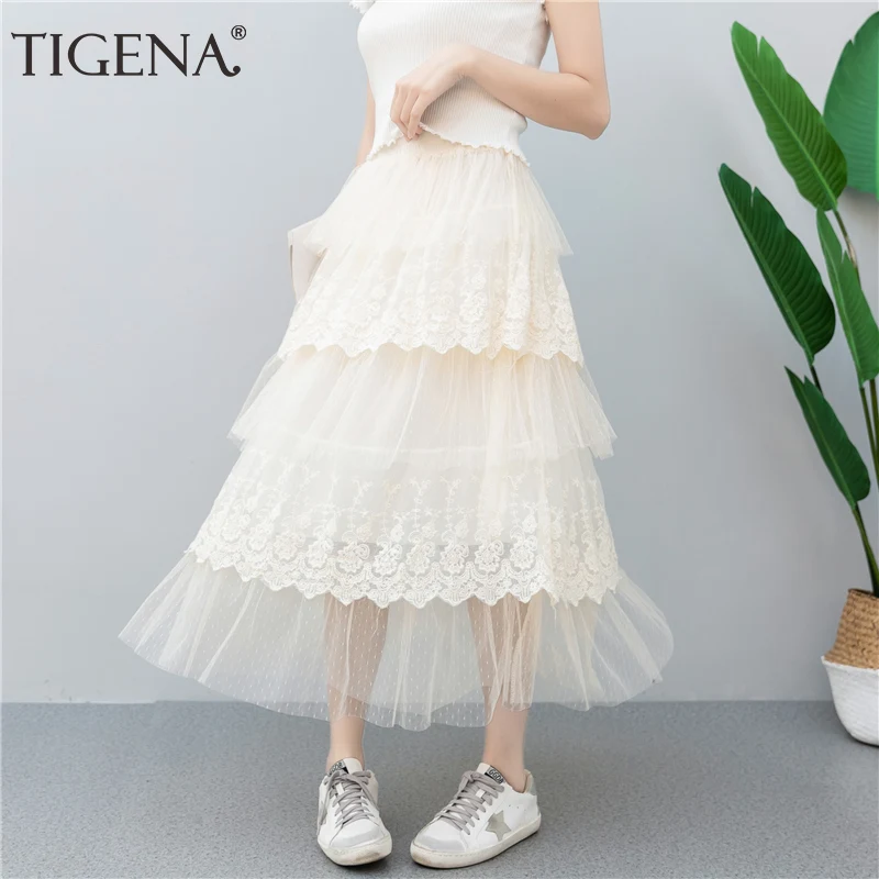 

TIGENA Beautiful Cute Lace Tulle Skirts Women 2019 Summer Elegant Long Maxi Pleated Skirt Female High Waist Tiered School Skirt