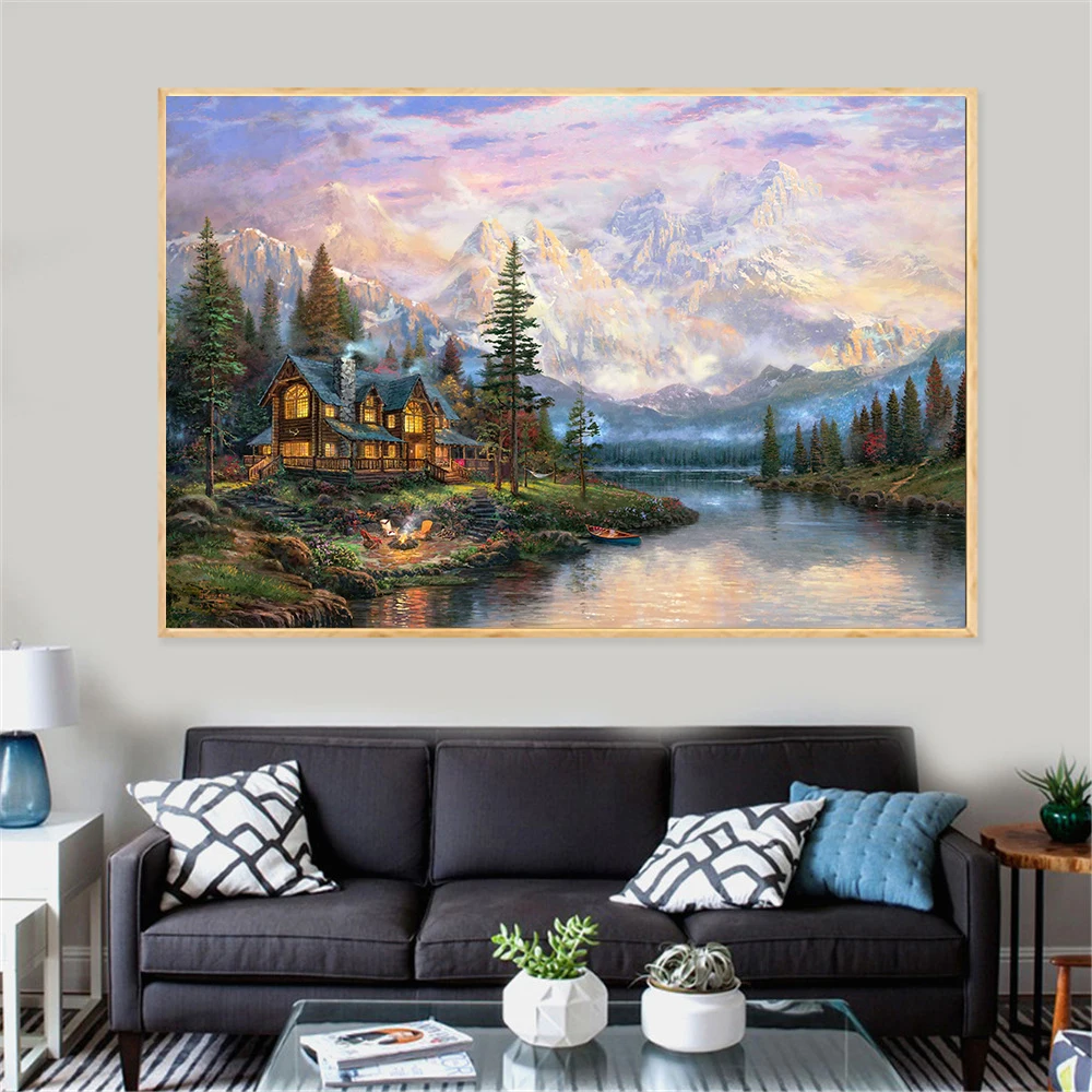 

Forest Mountain River House Thomas Kinkade Oil Painting Nature Landscape Autumn Bedroom Decoration Home Modern Minimalist Art