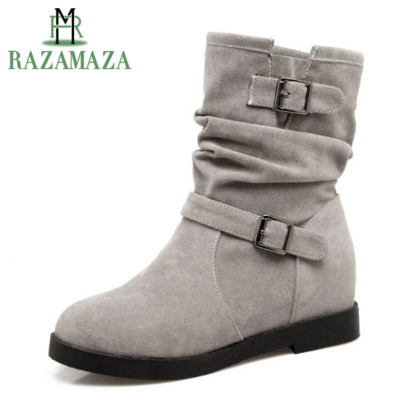 

ZALAVOR Size 34-43 Women Half Short Boots Metal Buckle Wedges Boots Inside Heel Warm Shoes Women Mid Calf Botas Women Footwears