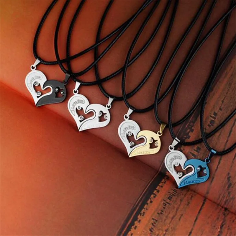 

4 Color Couple Necklac Women Men Love Heart Stitching Pendant Puzzle Matching Two Halves Heart for Lovers Memorial Day Gift 2PCS