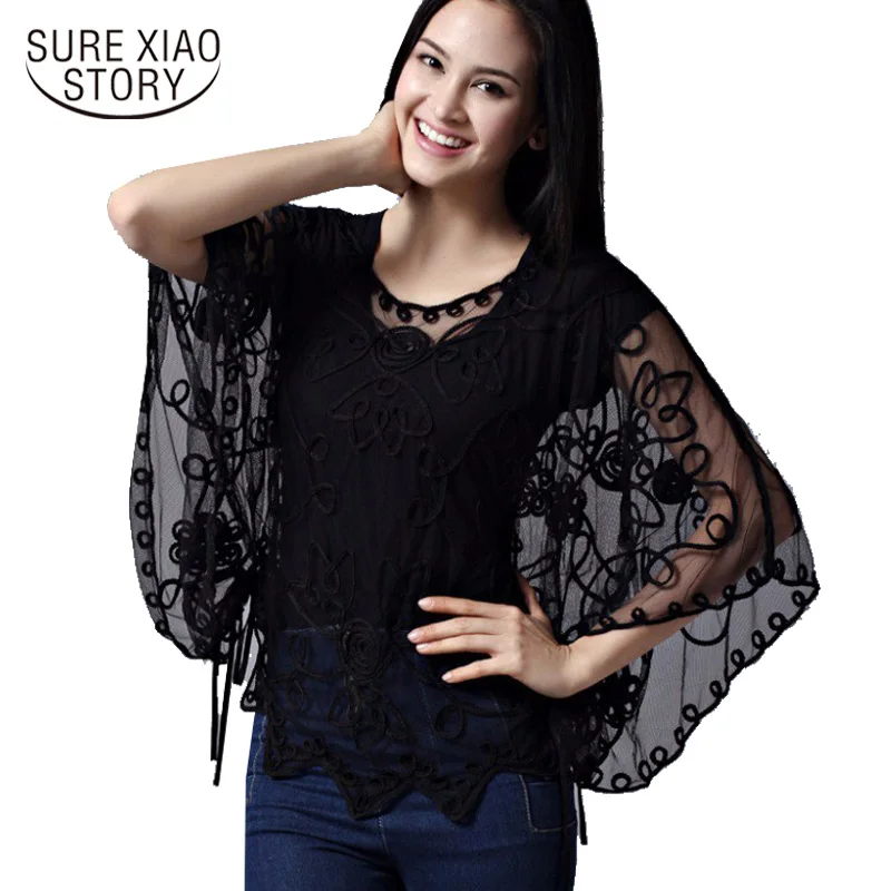  2015 high quality Women's Summer Blusas Femininas Loose Hollow Blouse Chiffon Lace Perspective Bat 