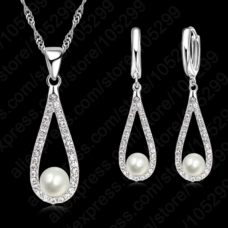 

Top Quality 925 Sterling Silver Shiny Crystal Water Drop Pearl Necklaces For Woman Fine Jewelry Wedding Earring Set Gifts