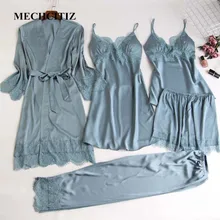 MECHCITIZ 5 pieces silk pajamas sets women satin sleepwear robe pants autumn pijamas bathrobe sexy lingerie lace winter pyjamas