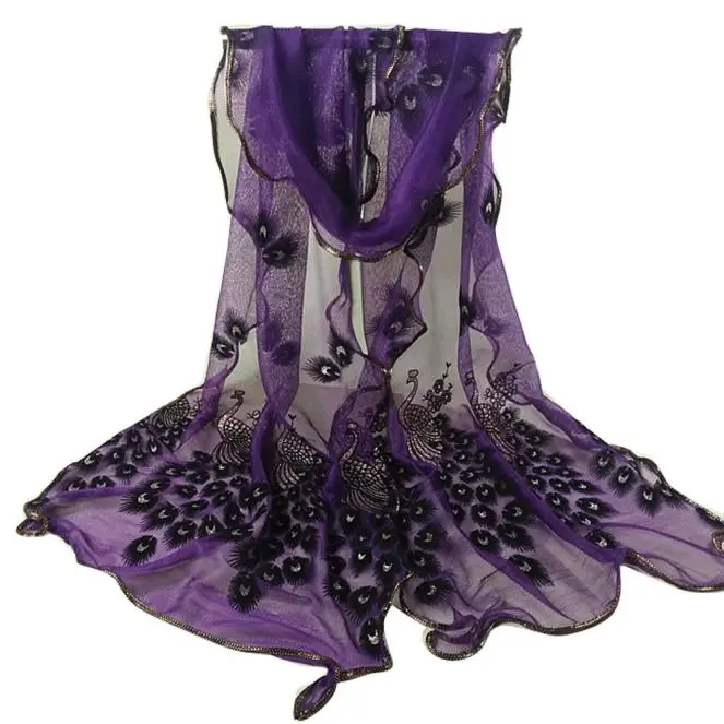 Женский шифоновый шейный шарф с цветочной вышивкой павлина, кружевной шарф, женский шелковый длинный мягкий элегантный платок, новые весенние шарфы - Цвет: G