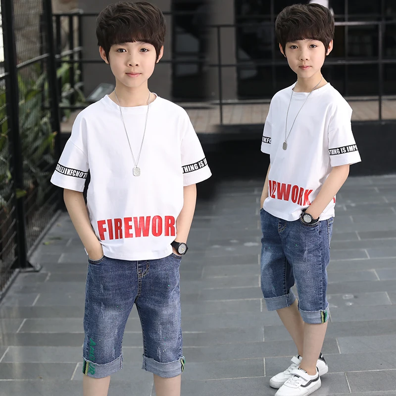 

Boy Summer Clothes 2019 Kids Clothing Sets Children Tracksuit Print Short Sleeve T-shirt + Denim Pant Toddler Sports Suit 8 9 10
