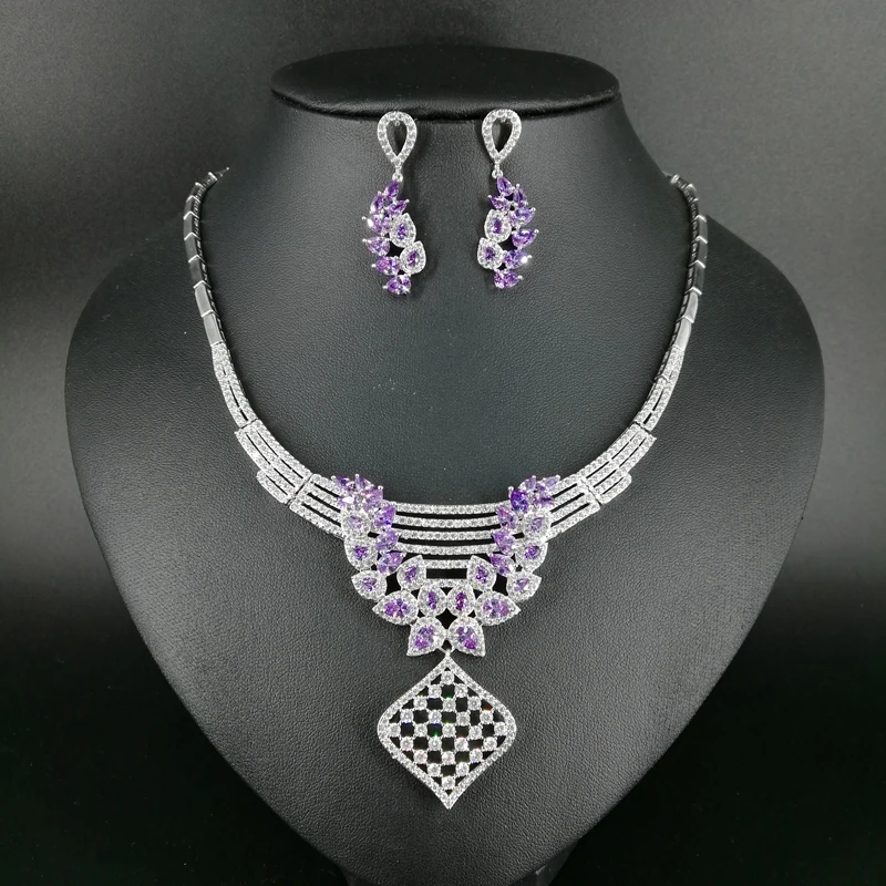 

New fashion Hollow square purple zircon wedding bride banquet dinner dress necklace earring popular jewelry set free shipping