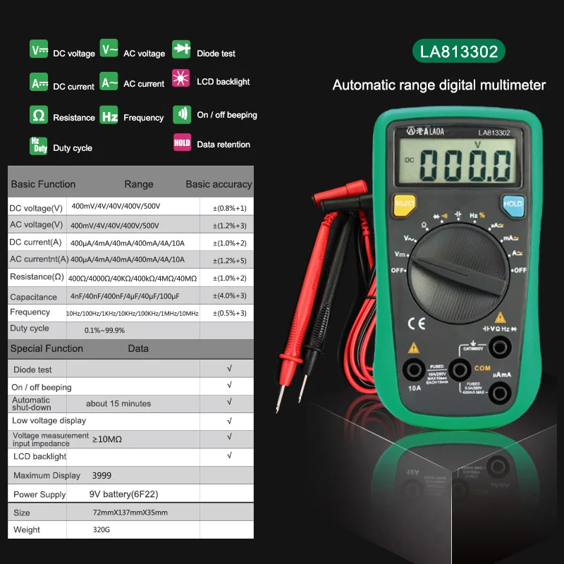 LAOA цифровой мультиметр AC/DC Амперметр Вольтметр Ом портативный измеритель напряжения клещи мультиметр зонд профессиональные инструменты - Цвет: LA813302