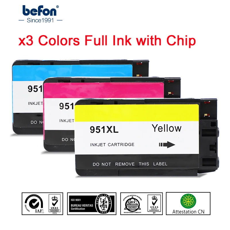 Чернильный картридж befon Color 951 XL C M Y сменный для HP принтера Officejet Pro 8100 ePrinter 8600