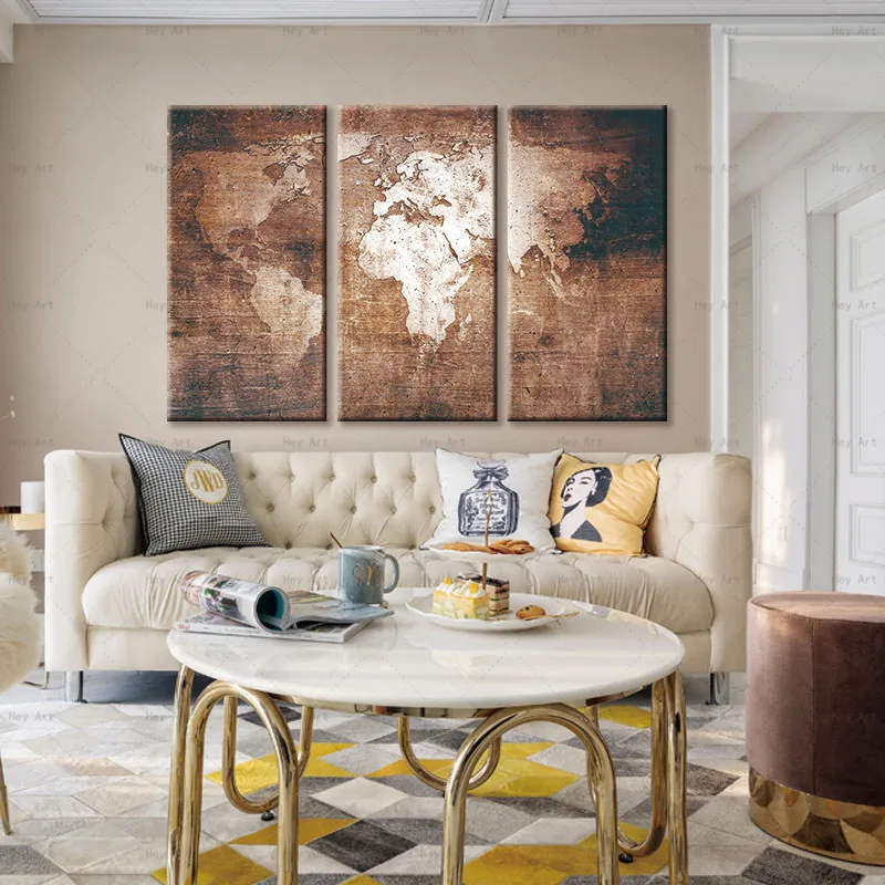 3 Panels Abstract Canvas Posters and Prints World Map Wall Art Cuadros Decorative Pictures for Living Room